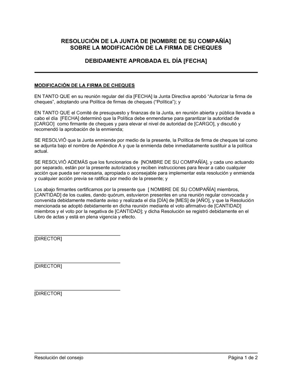 Business-in-a-Box's Resolución del directorio para enmendar la firma de cheques