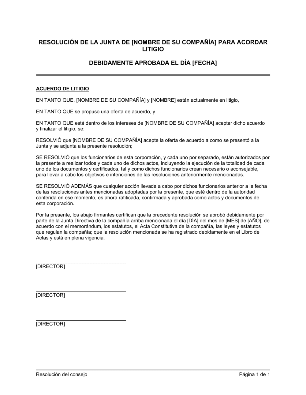 Business-in-a-Box's Resolución del directorio para evitar acciones legales