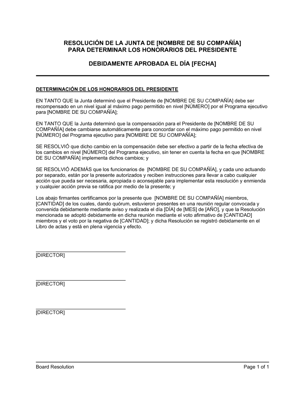 Business-in-a-Box's Resolución del directorio para fijar el salario del presidente
