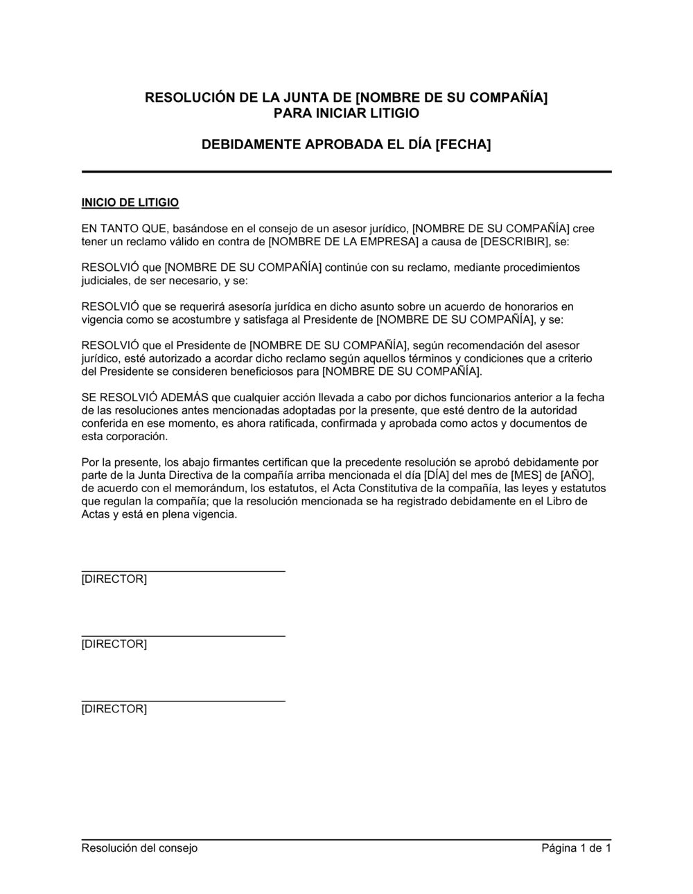 Business-in-a-Box's Resolución del directorio para iniciar acciones legales