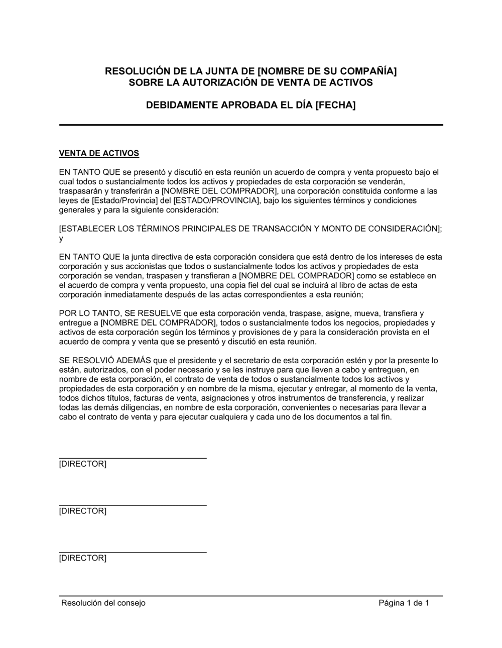 Business-in-a-Box's Resolución del directorio para la aprobación de la venta de activos