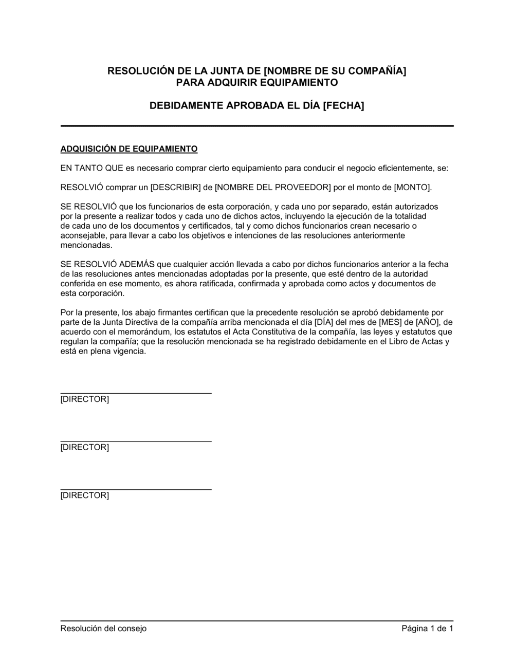 Business-in-a-Box's Resolución del directorio para la compra de equipos