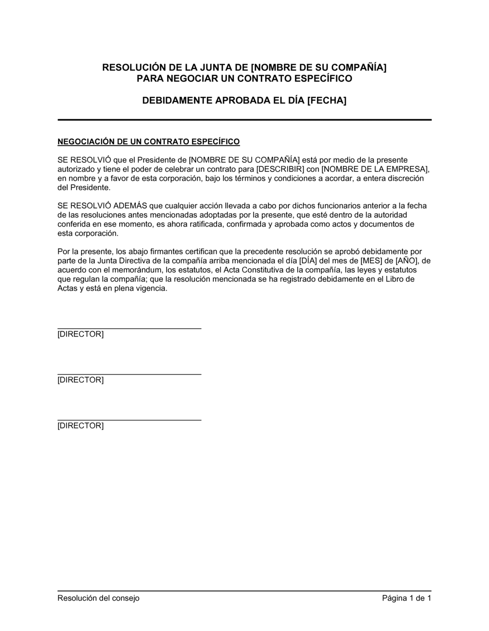 Business-in-a-Box's Resolución del directorio para negociar un contrato específico