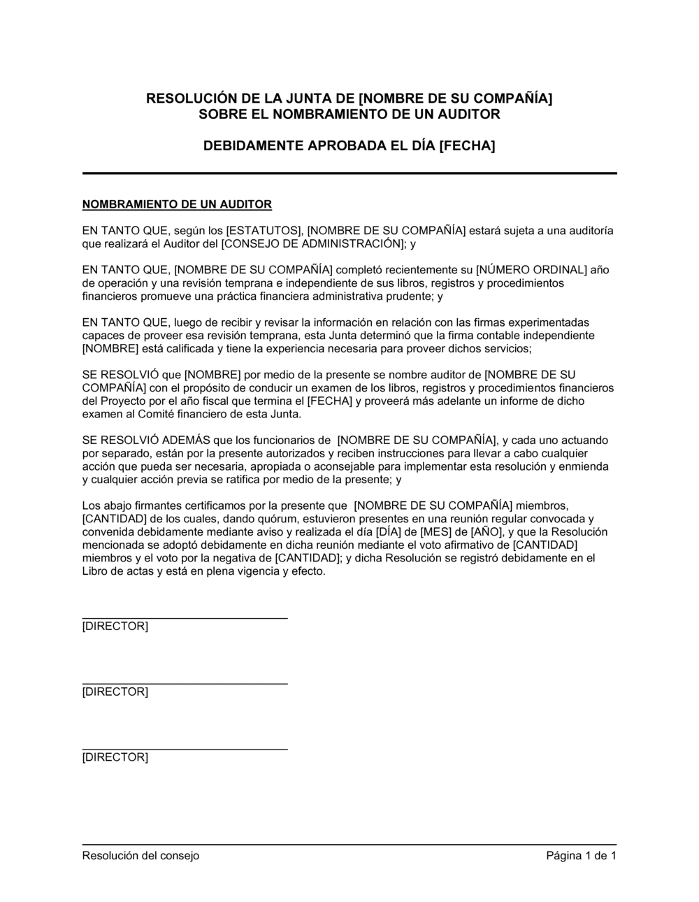 Business-in-a-Box's Resolución del directorio para nombrar a un auditor
