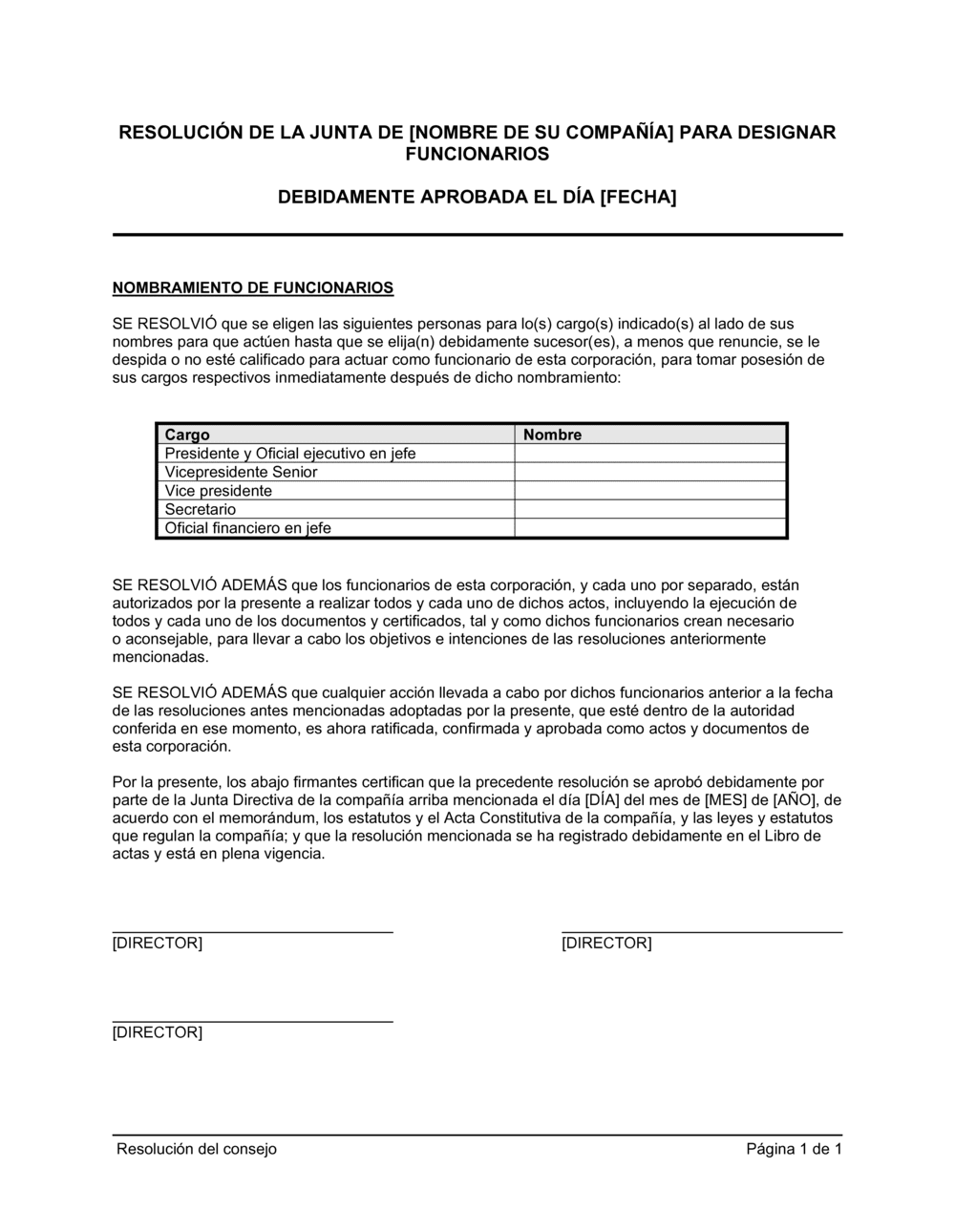 Business-in-a-Box's Resolución del directorio para nombrar funcionarios