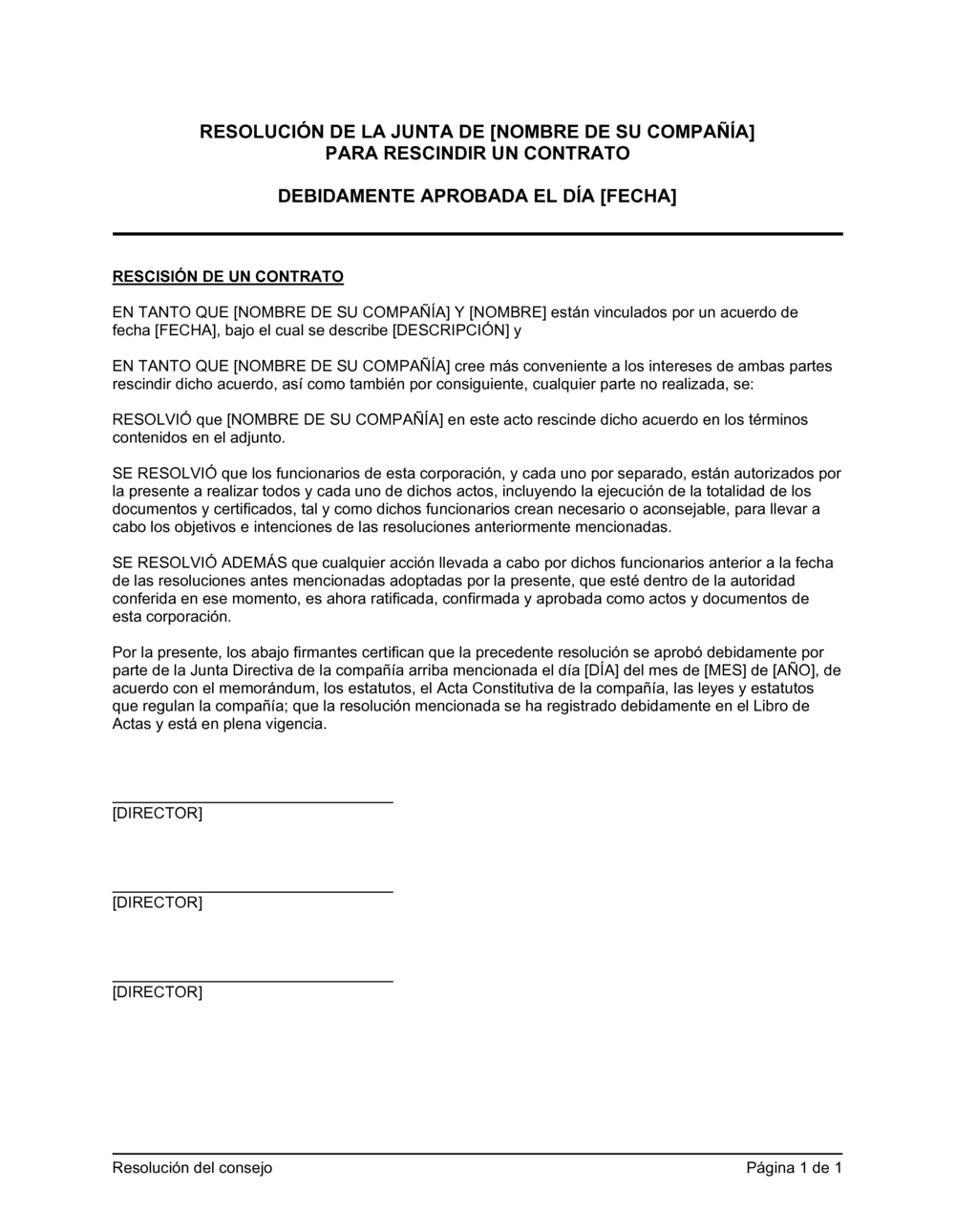Business-in-a-Box's Resolución del directorio para rescindir un contrato