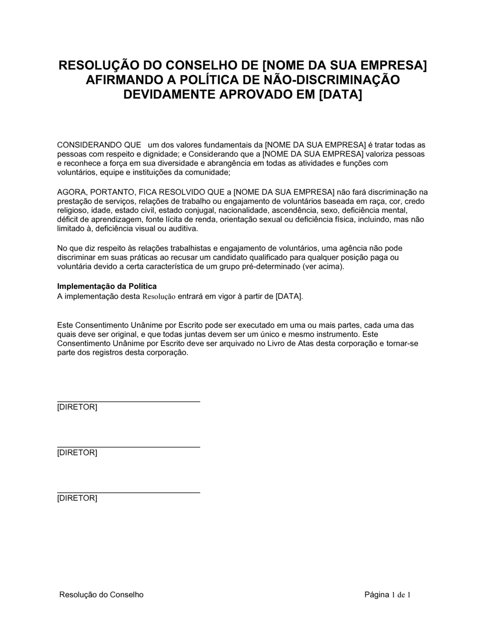 Business-in-a-Box's Resolução da Diretoria Afirmando Política de Não-Discriminação