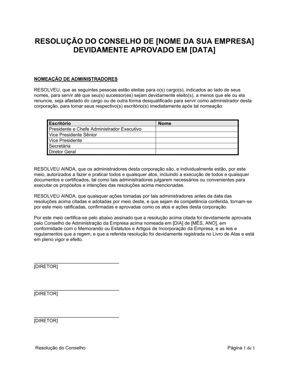 Business-in-a-Box's Resolução da Diretoria Apontando Oficiais