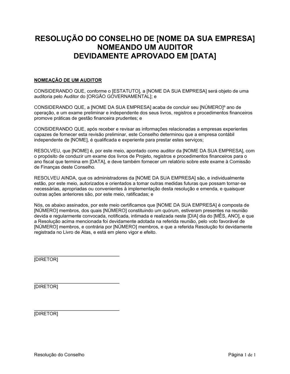 Business-in-a-Box's Resolução da Diretoria Apontando um Auditor
