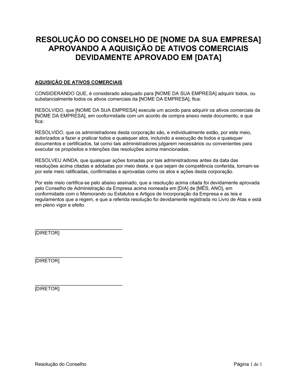 Business-in-a-Box's Resolução da Diretoria Aprovando Aquisição de Ativos Comerciais