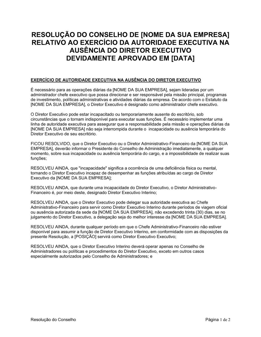 Business-in-a-Box's Resolução da Diretoria Aprovando Autoridade Executiva