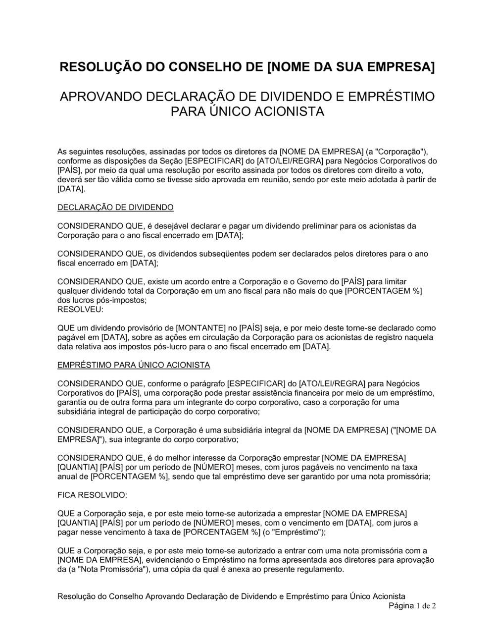 Business-in-a-Box's Resolução da Diretoria Aprovando Declaração de Dividendos & Empréstimo