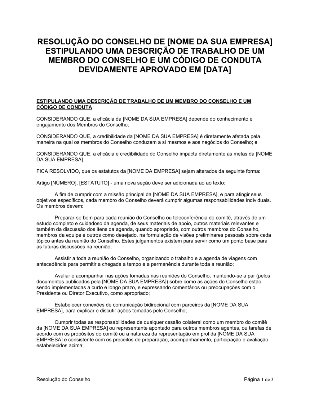 Business-in-a-Box's Resolução da Diretoria Aprovando Descrição de Trabalho & Código de Conduta