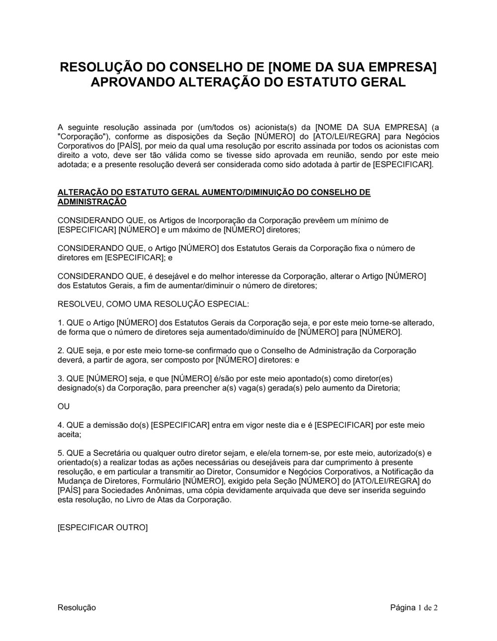 Business-in-a-Box's Resolução da Diretoria Aprovando Emenda para Estatutos Gerais