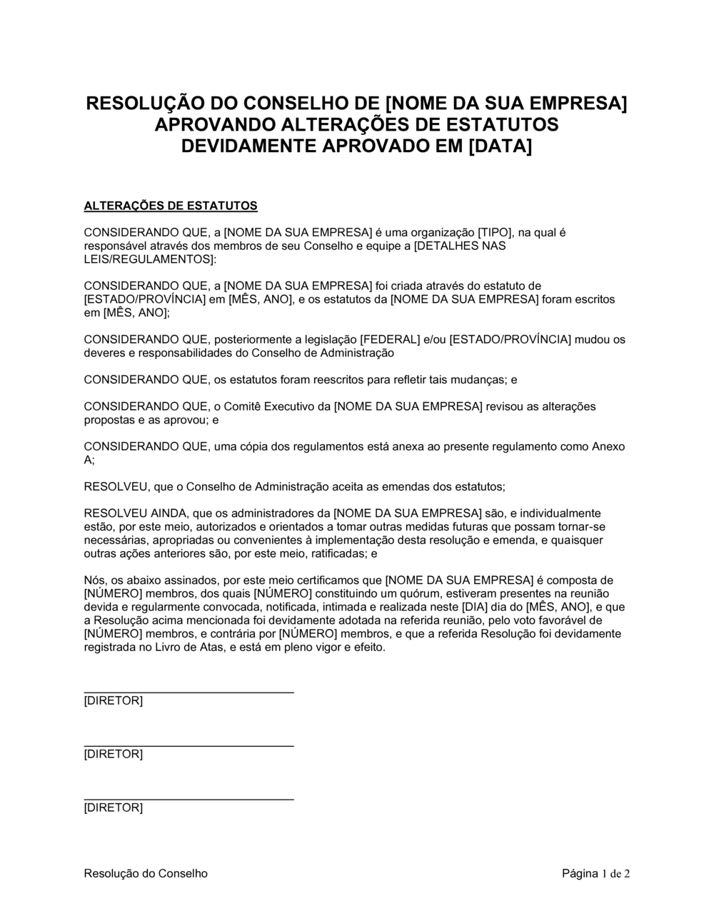 Business-in-a-Box's Resolução da Diretoria Aprovando Emendas de Estatutos