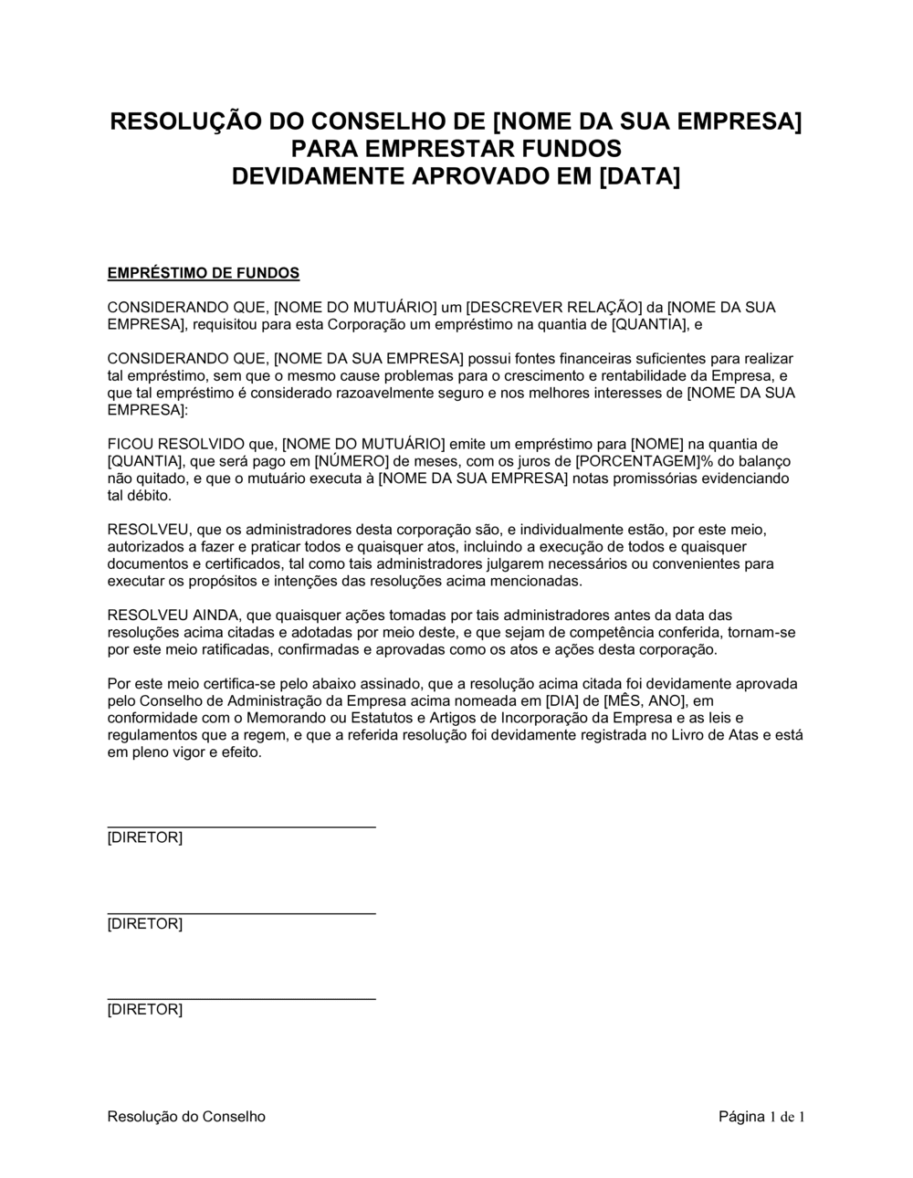 Business-in-a-Box's Resolução da Diretoria Aprovando Empréstimo de Fundos