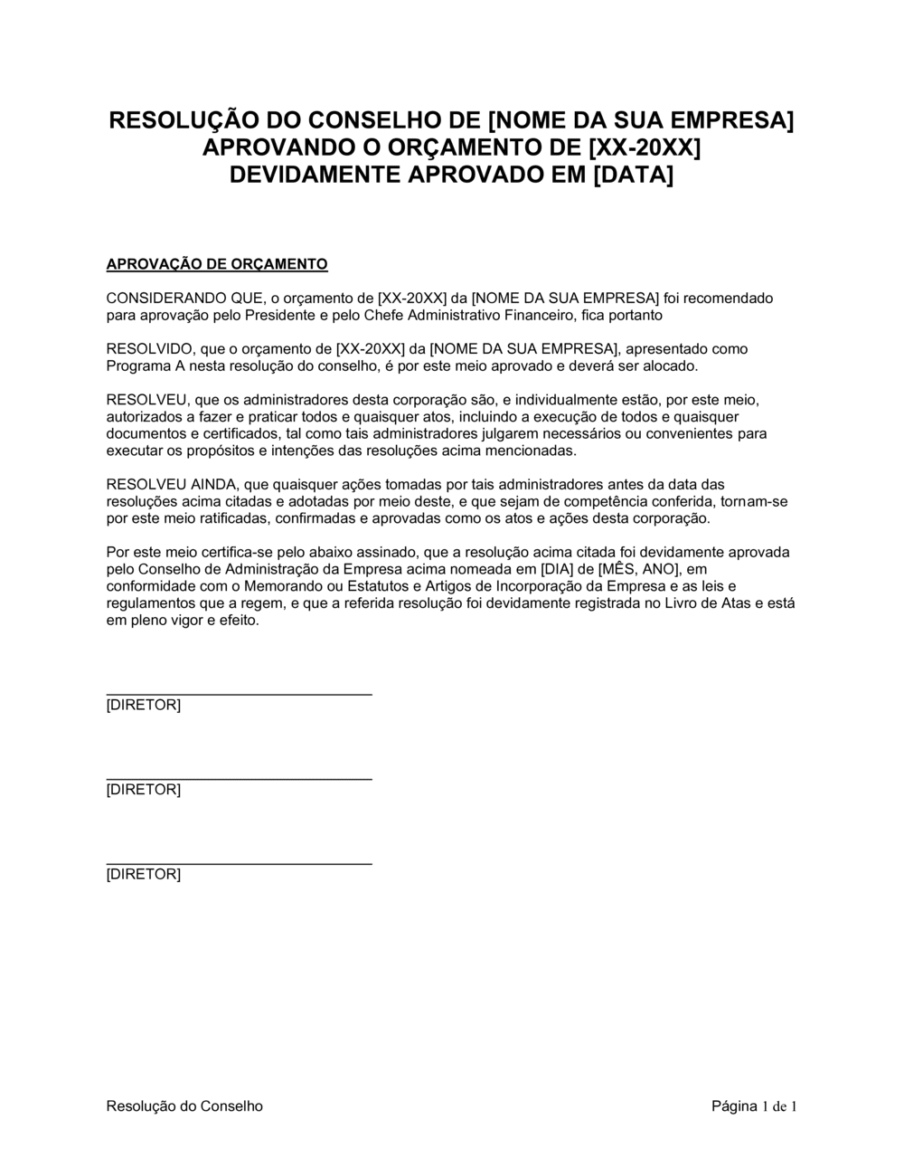 Business-in-a-Box's Resolução da Diretoria Aprovando Orçamento