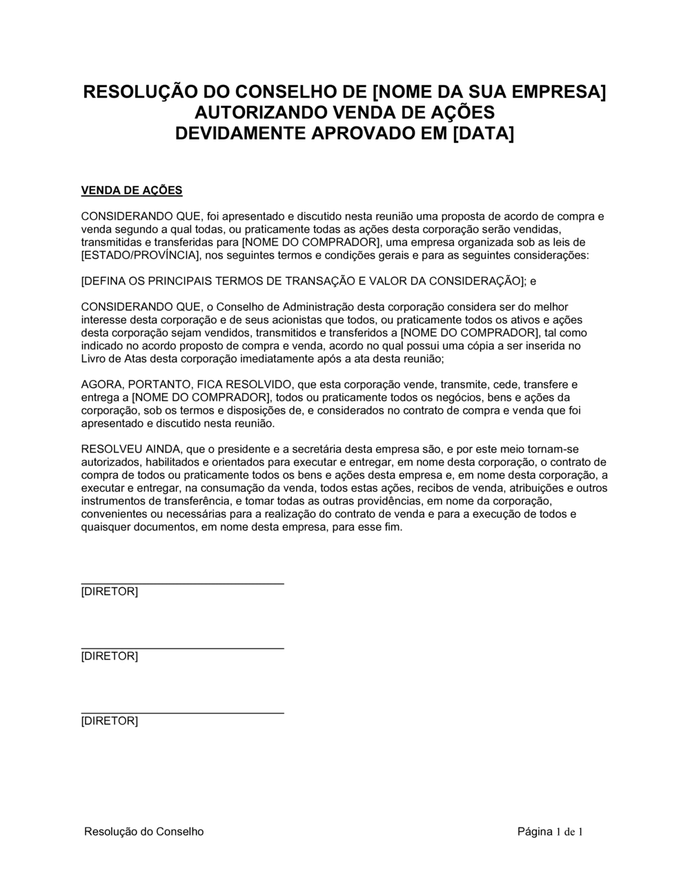 Business-in-a-Box's Resolução da Diretoria Aprovando Venda de Ativos
