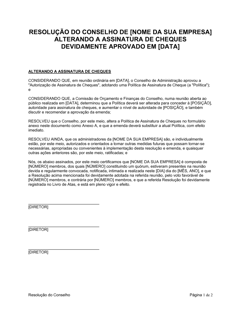 Business-in-a-Box's Resolução da Diretoria Emendando a Assinatura de Cheques