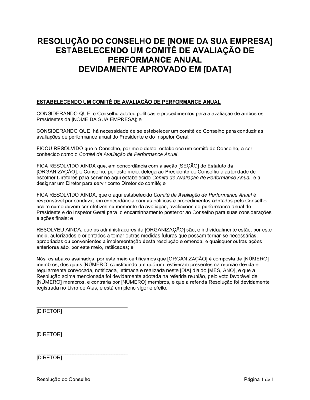 Business-in-a-Box's Resolução da Diretoria Estabelecento o Desempenho de Cumprimento