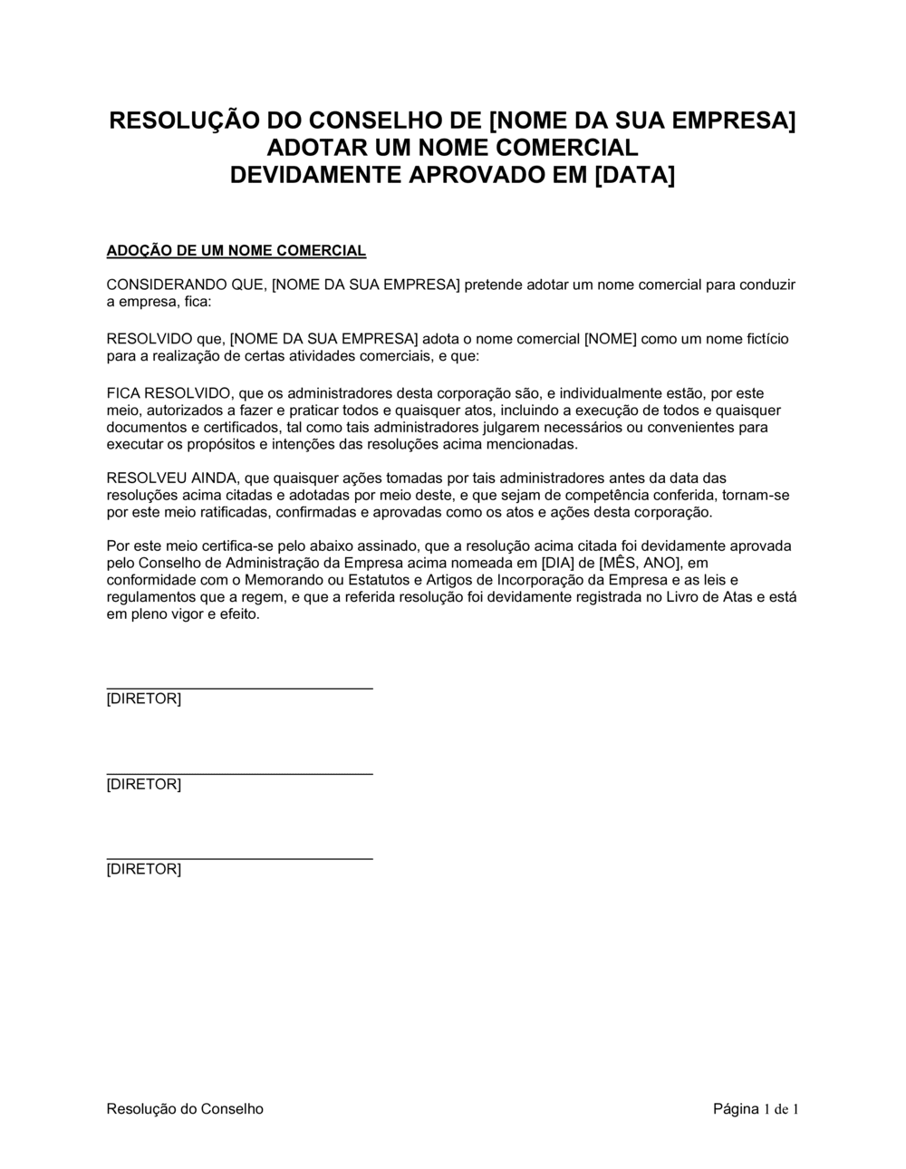 Business-in-a-Box's Resolução da Diretoria para Adotar um Nome Comercial