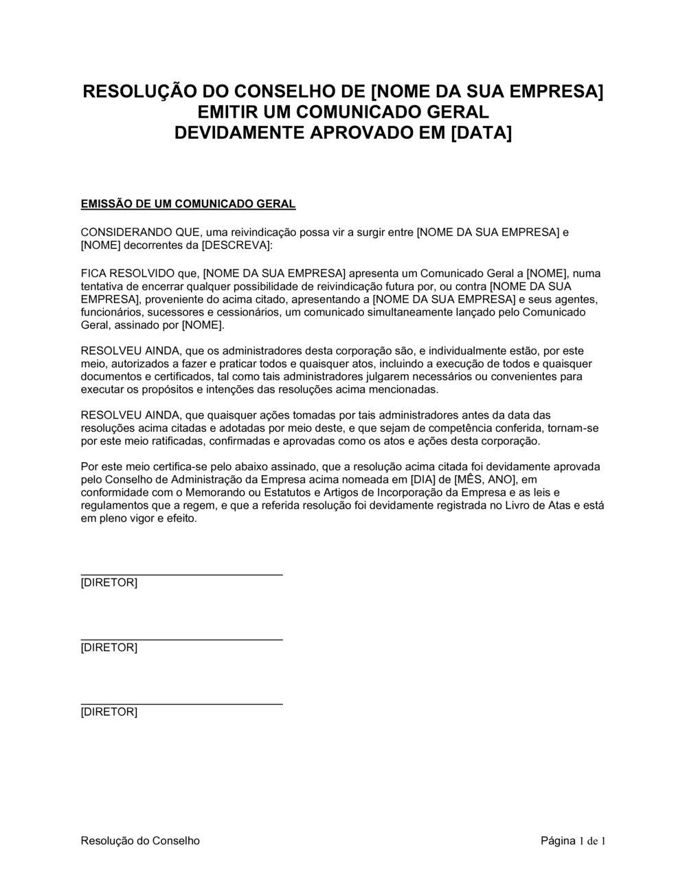 Business-in-a-Box's Resolução da Diretoria para Ativar uma Liberação Geral