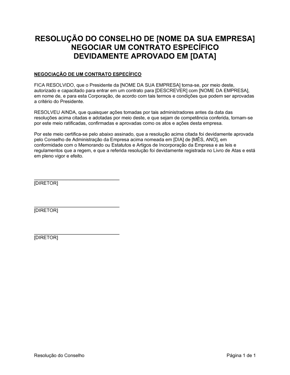 Business-in-a-Box's Resolução da Diretoria para Negociar um Contrato em Específico