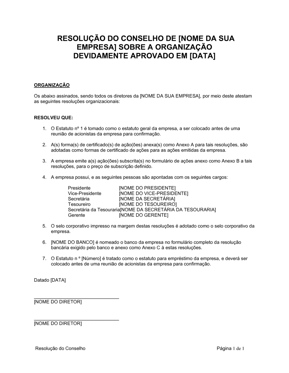 Business-in-a-Box's Resolução da Diretoria Sobre Organização