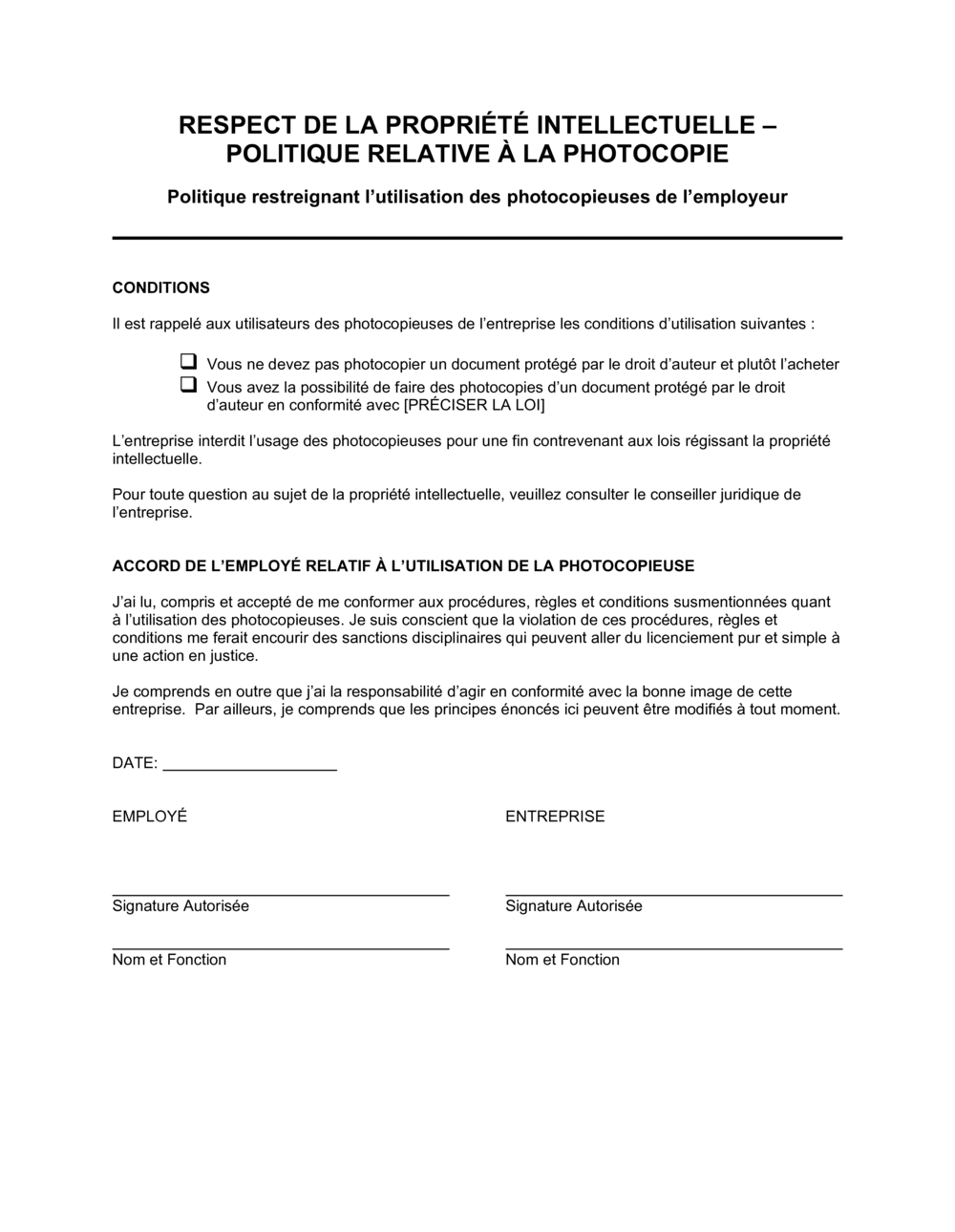 Business-in-a-Box's Respect de la propriété intellectuelle Politique de photocopie