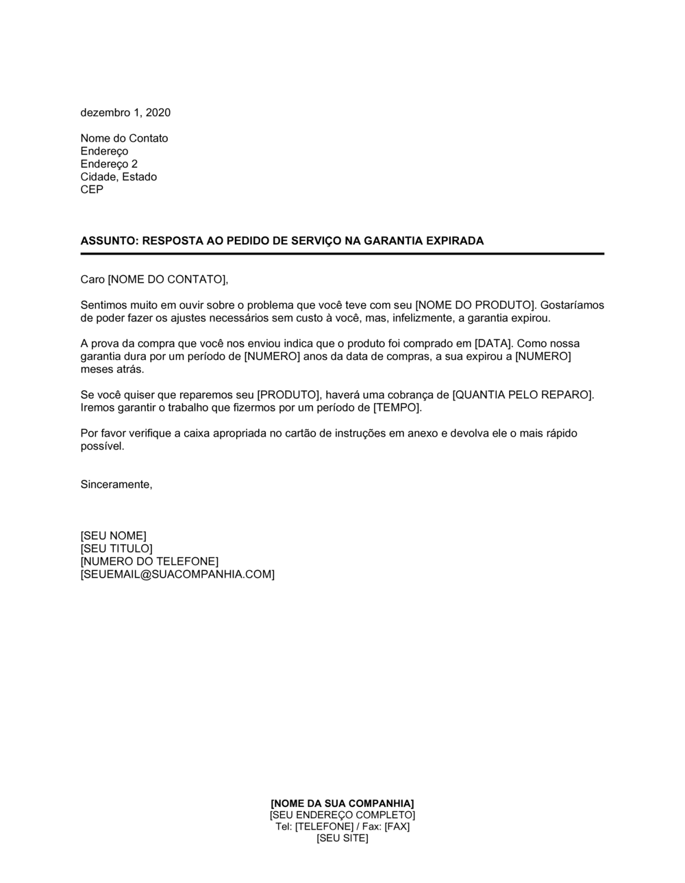 Business-in-a-Box's Resposta à Pedido de Serviço em Garantia Expirada