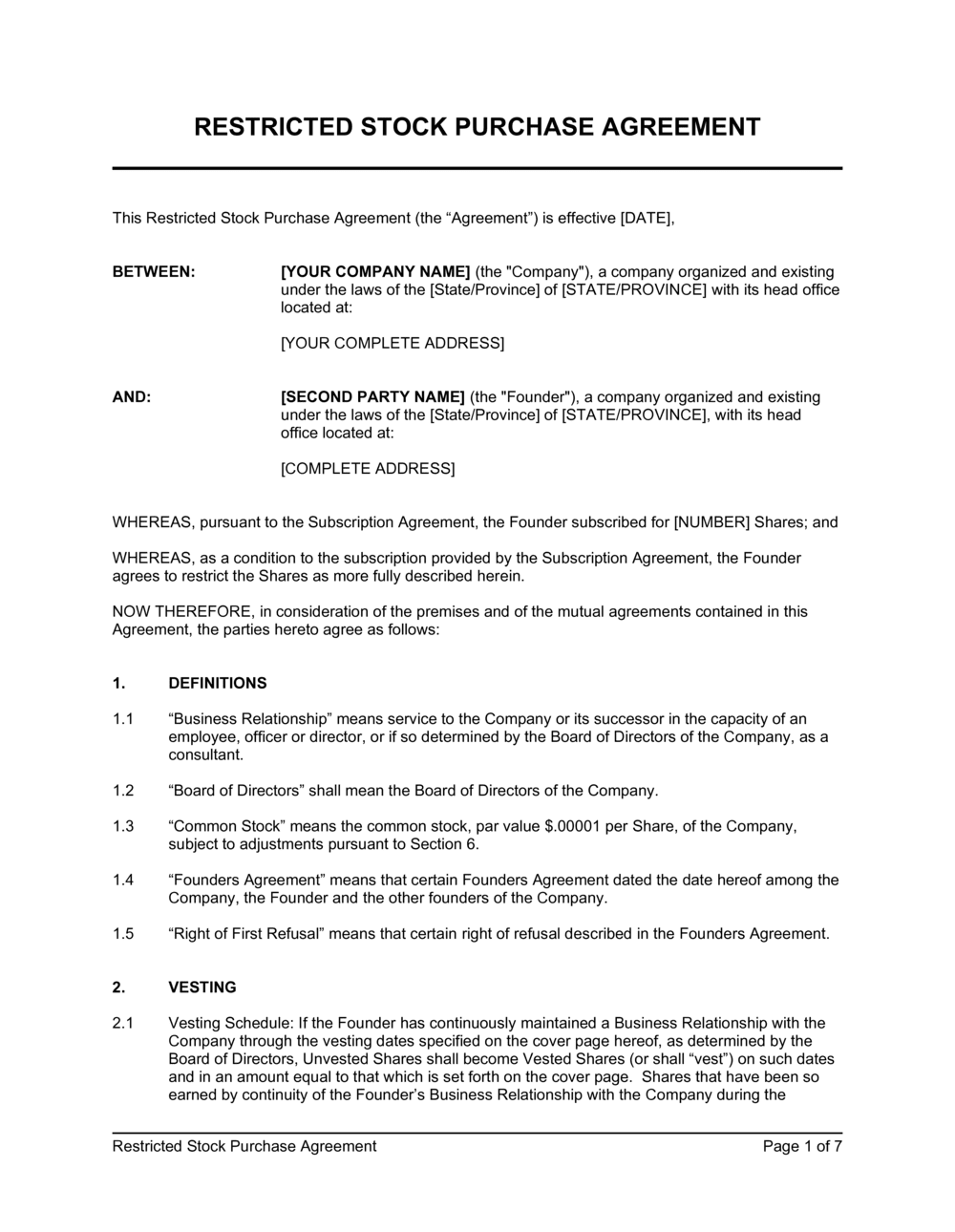 Restricted Stock Purchase Agreement Template  by Business-in-a-Box™ For restricted stock purchase agreement template
