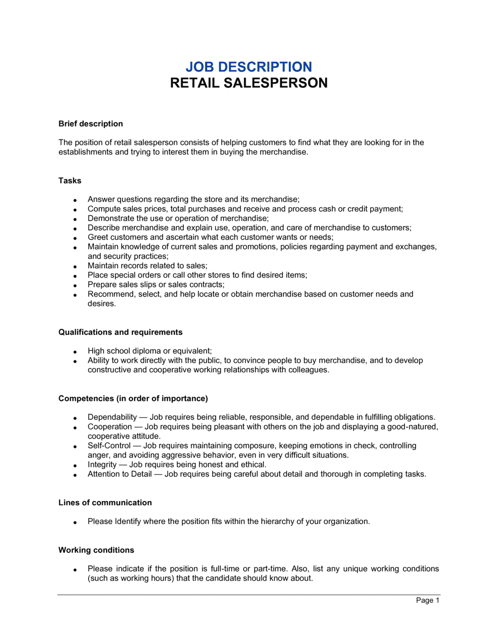 Retail Salesperson Job Description Template By Business in a Box 