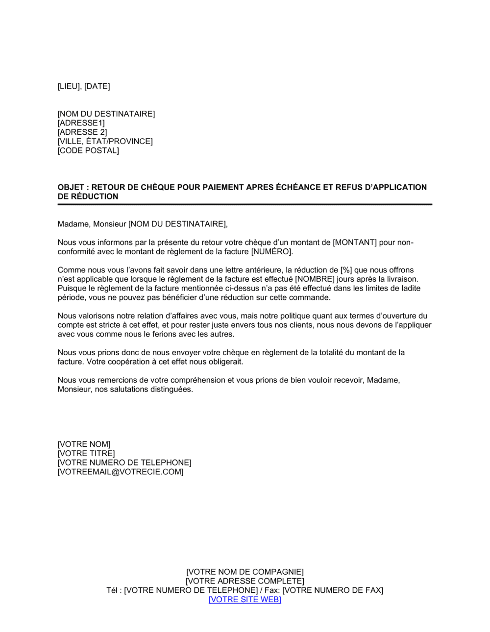 Business-in-a-Box's Retour de chèque pour paiement en retard et refus d'escompte