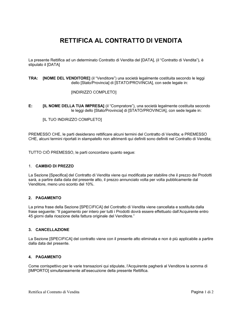 Business-in-a-Box's Rettifica al contratto di vendita