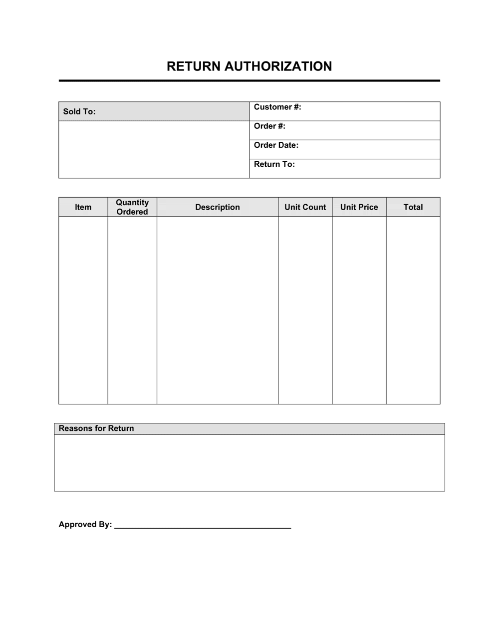Return Authorization Form Template Excel