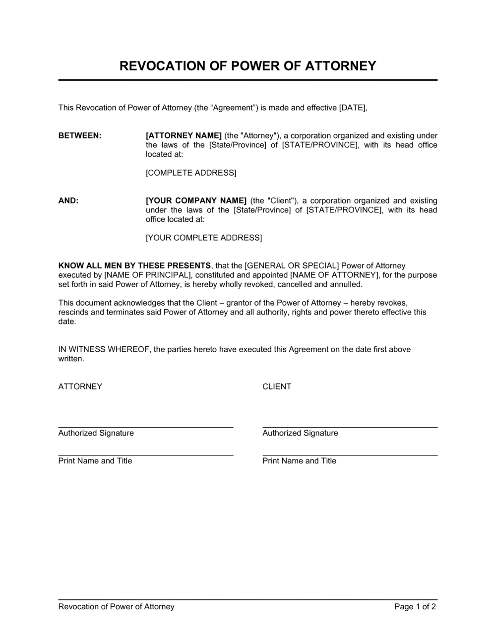 Revoke Power Of Attorney Template