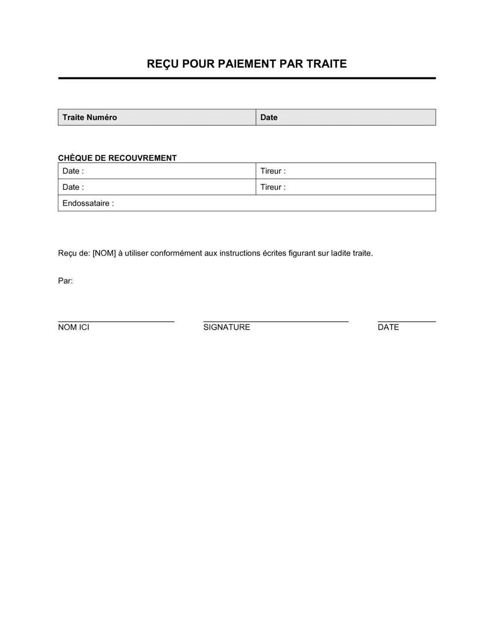 Business-in-a-Box's Reçu Chèque pour paiement par traite