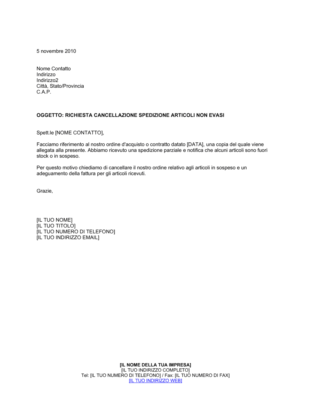 Business-in-a-Box's Richiesta cancellazione spedizione articoli non evasi