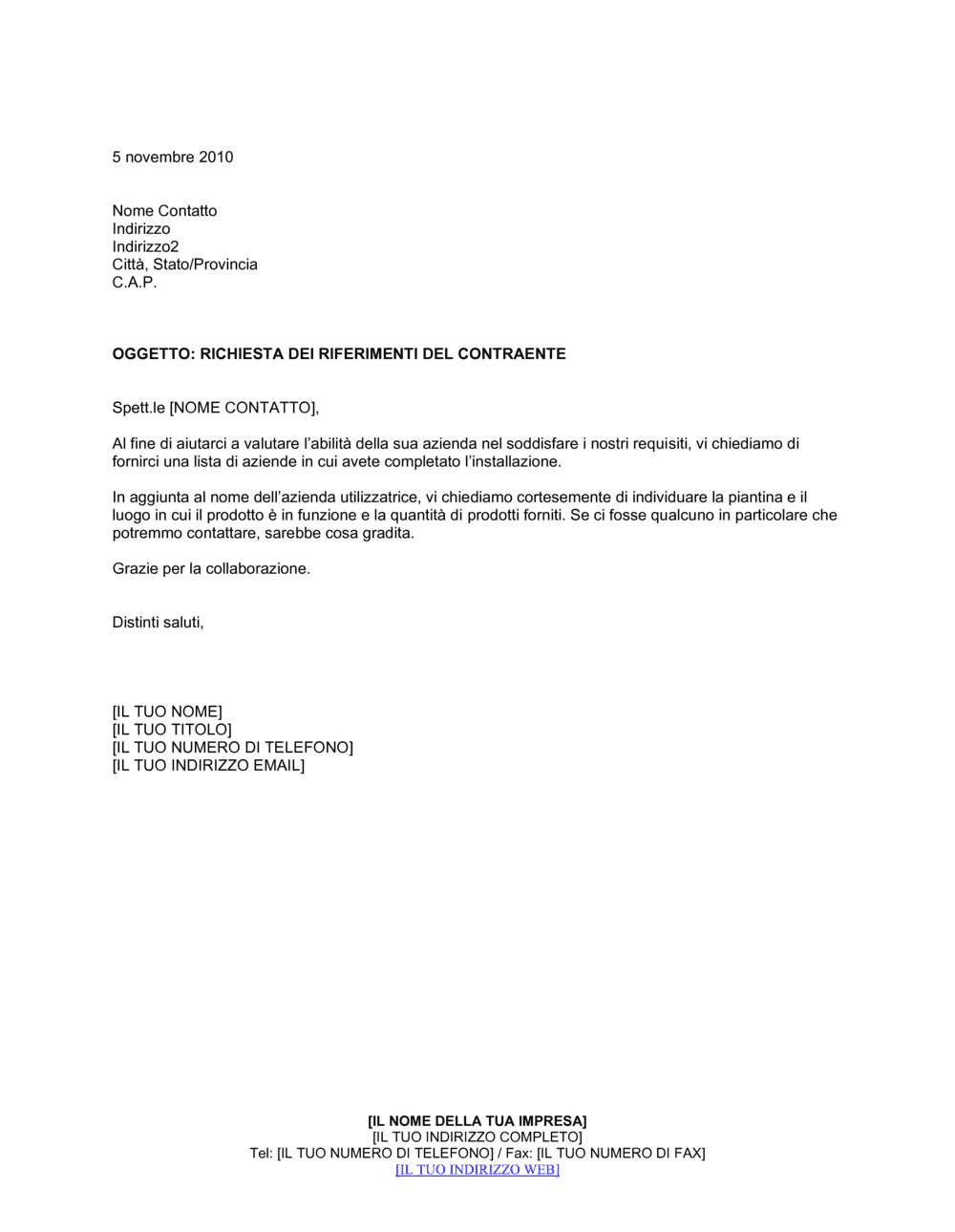 Business-in-a-Box's Richiesta dei riferimenti del contraente