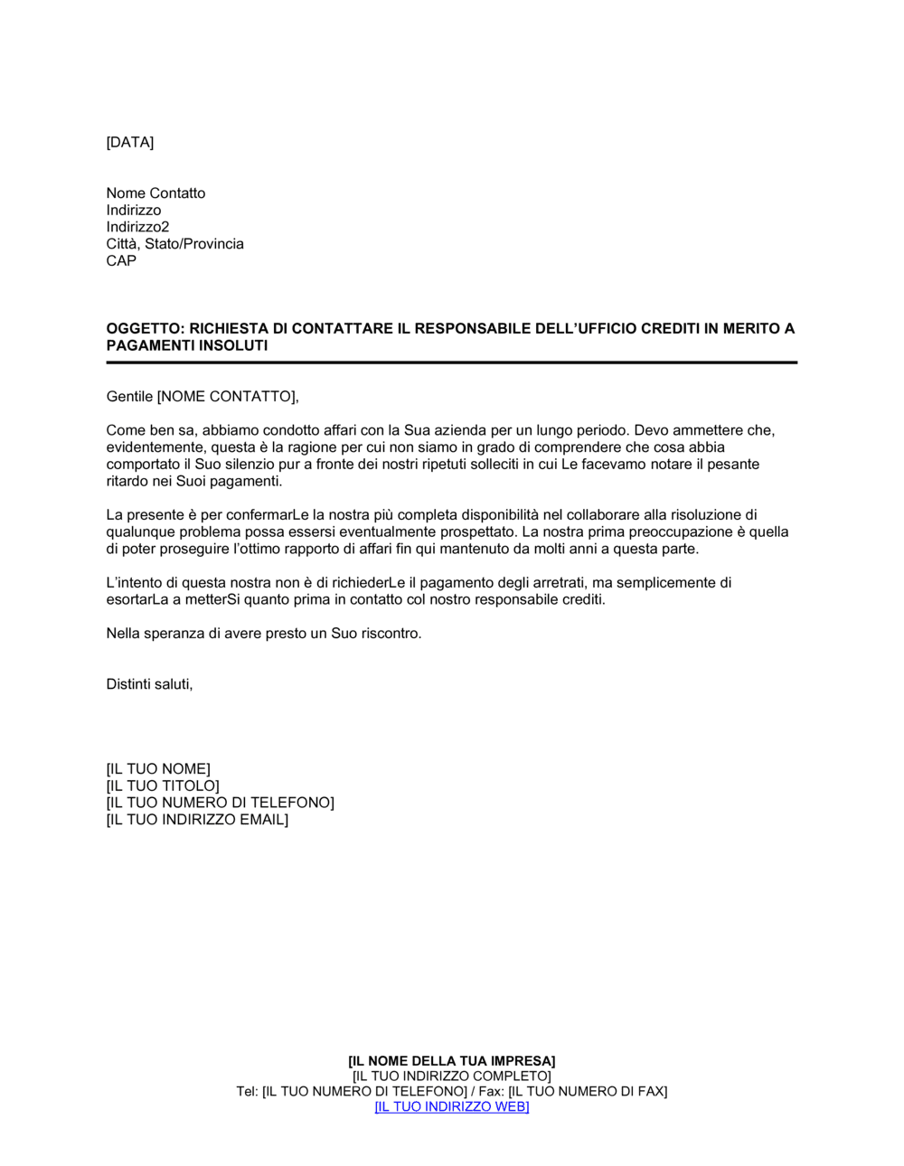 Business-in-a-Box's Richiesta di contattare il responsabile dell'ufficio crediti in merito ai pagamenti insoluti