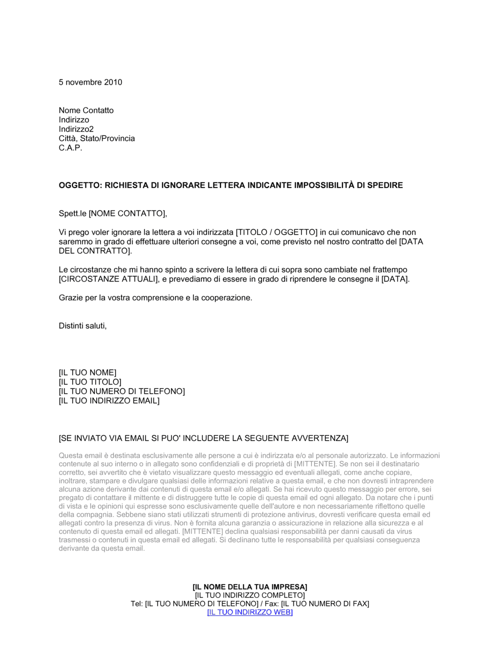 Business-in-a-Box's Richiesta di ignorare lettera indicante impossibilità di spedire