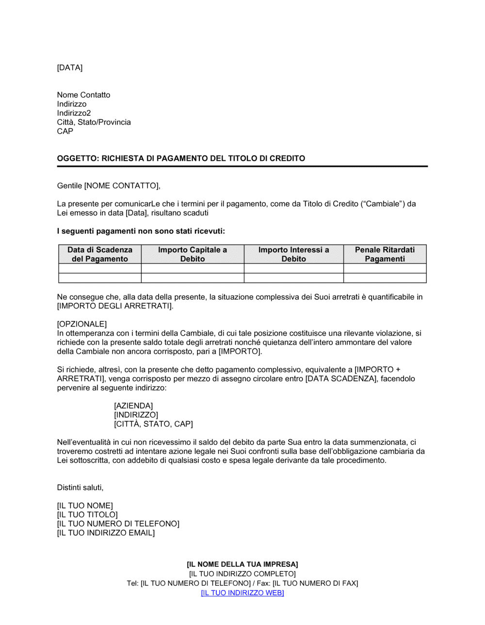 Business-in-a-Box's Richiesta di pagamento del titol di credito