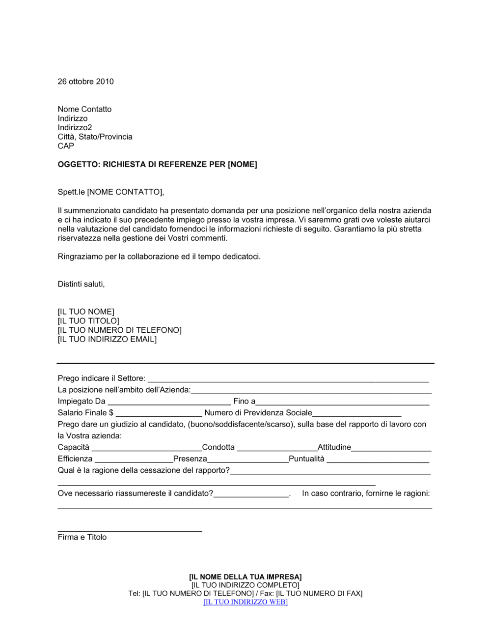 Business-in-a-Box's Richiesta di referenze specifiche