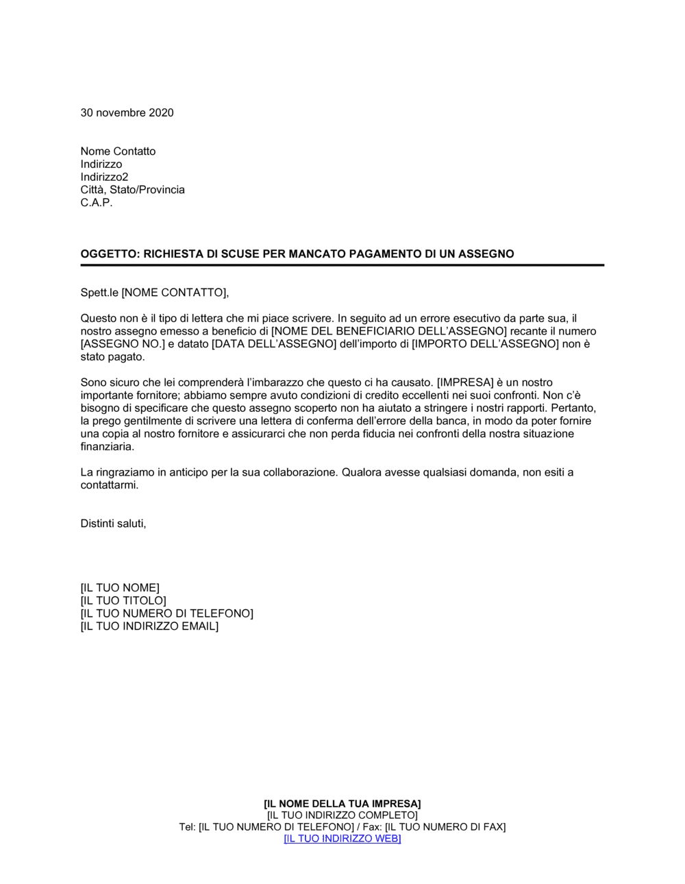 Business-in-a-Box's Richiesta di scuse per assegno scoperto dovuto ad errore