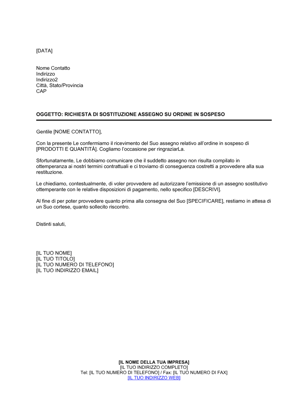 Business-in-a-Box's Richiesta di sostituzione assegno su ordine in sospeso