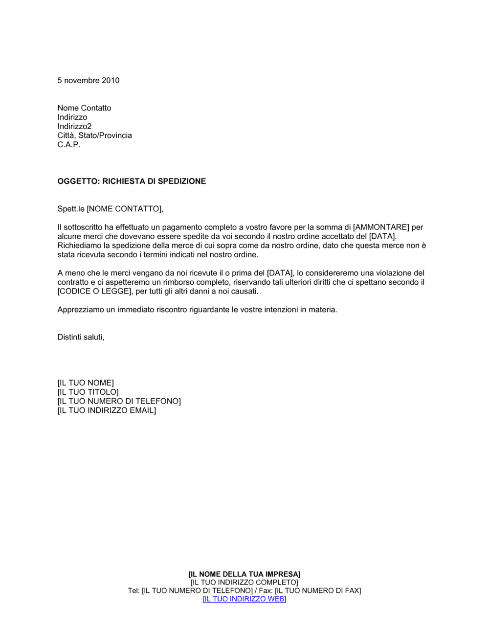 Business-in-a-Box's Richiesta di spedizione