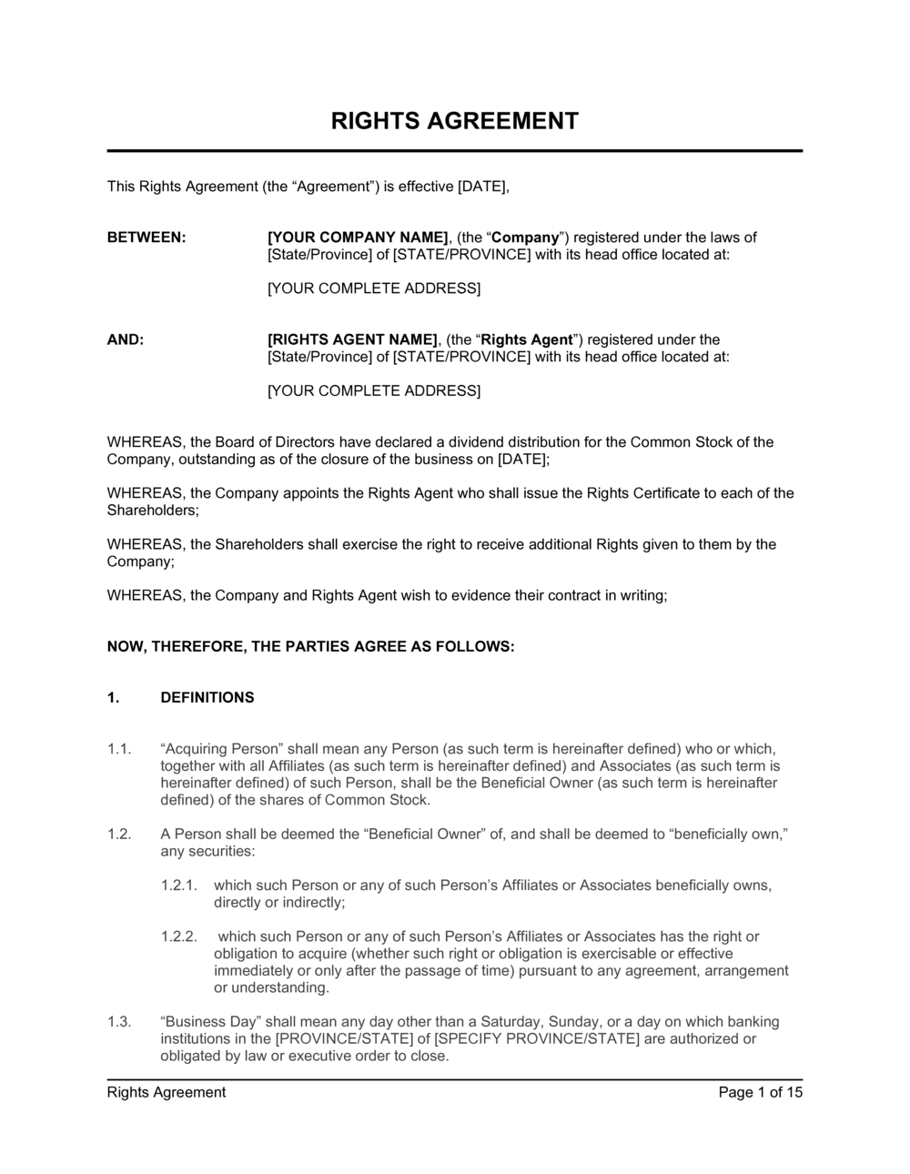 Business-in-a-Box's Rights Agreement Template