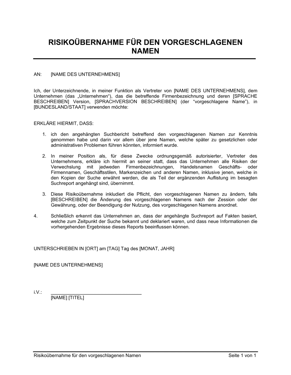 Business-in-a-Box's Risikoübernahme für den vorgeschlagenen Namen