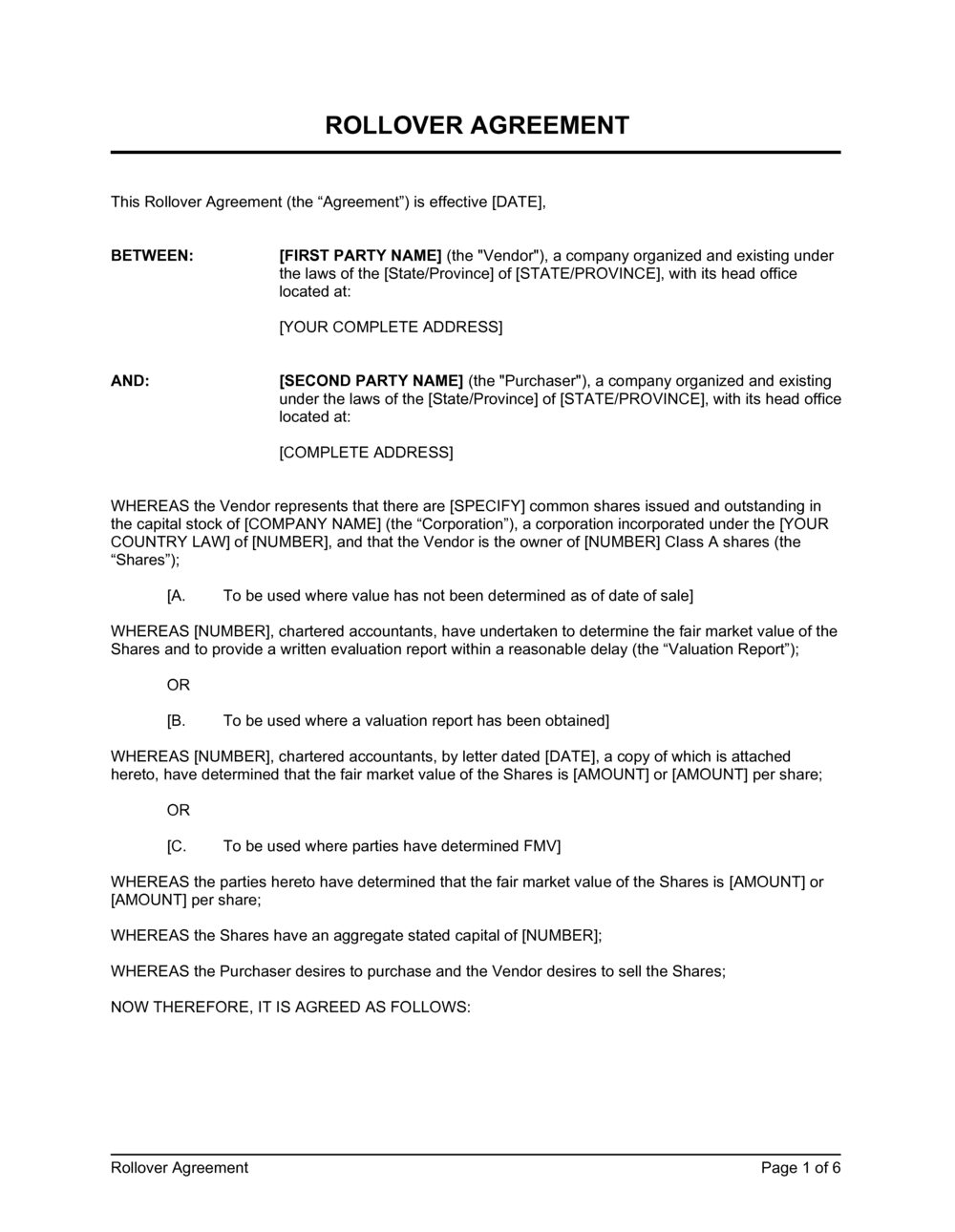 Business-in-a-Box's Rollover Agreement Many Value Provision Options Template