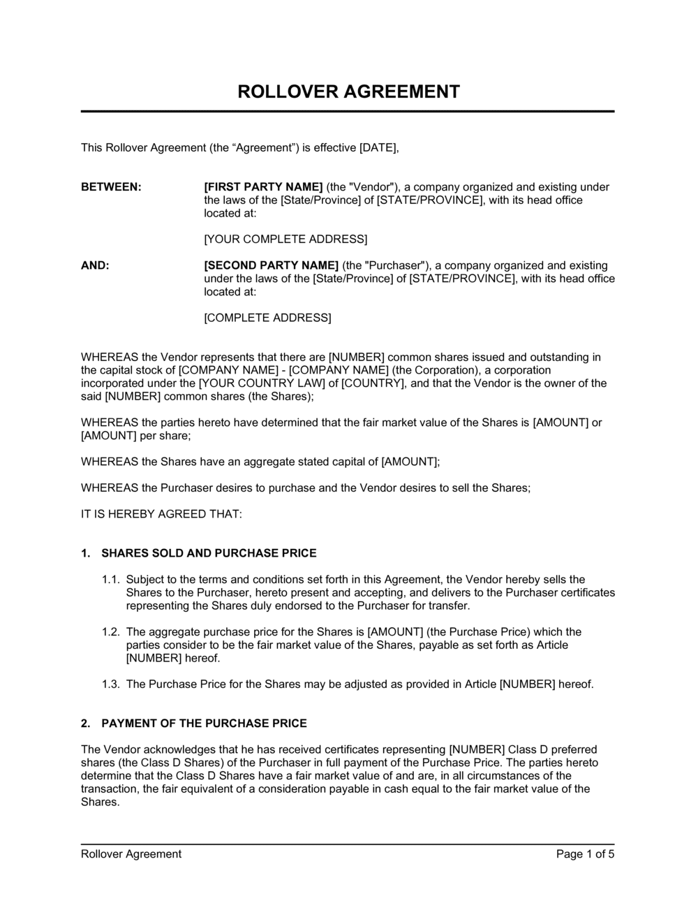 Business-in-a-Box's Rollover Agreement Values Shares with Adjustment Clause Template